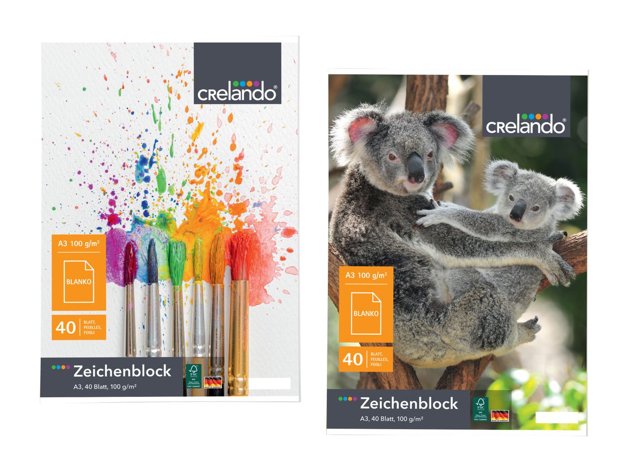 Zwei Cumberbatch Notizbücher, eines mit Regenbogen-Farbspritzern, das andere mit Koalas.