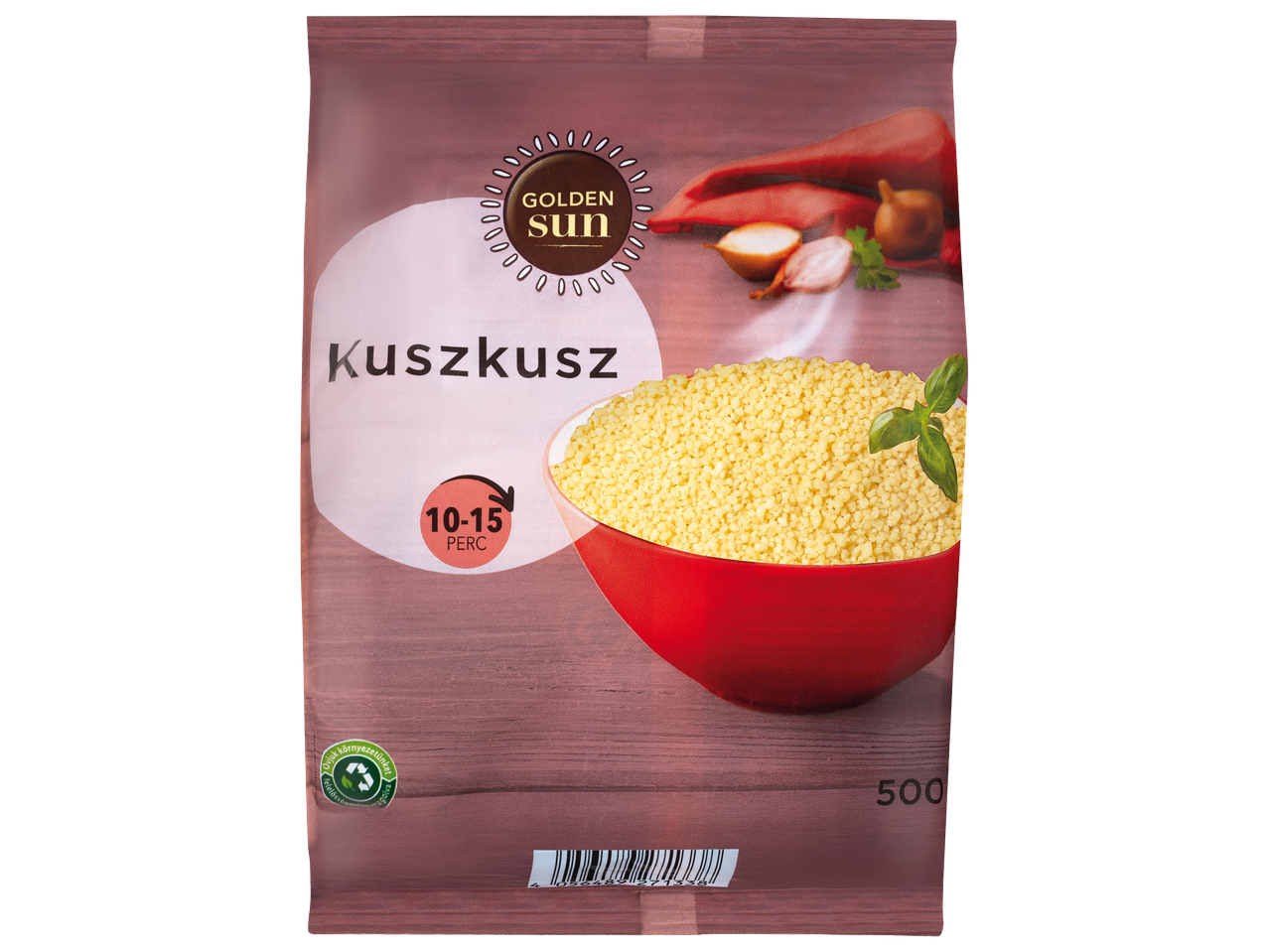Kuszkusz csomagolás, tálban lévő kuszkusszal és zöldségekkel.