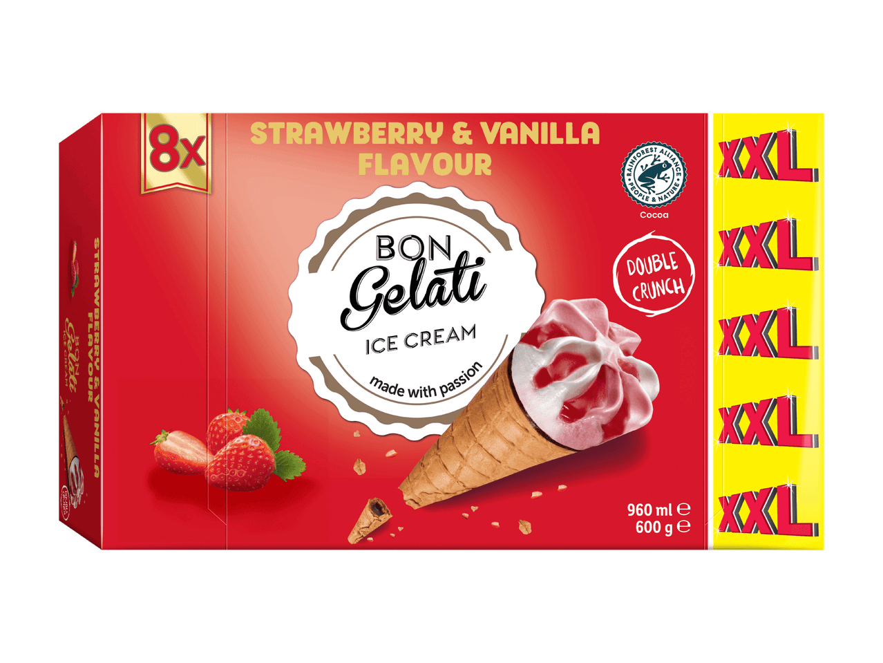 Bon Gelati -mansikka-vanilja makuinen jäätelö, 8 kpl XXL pakkaus.