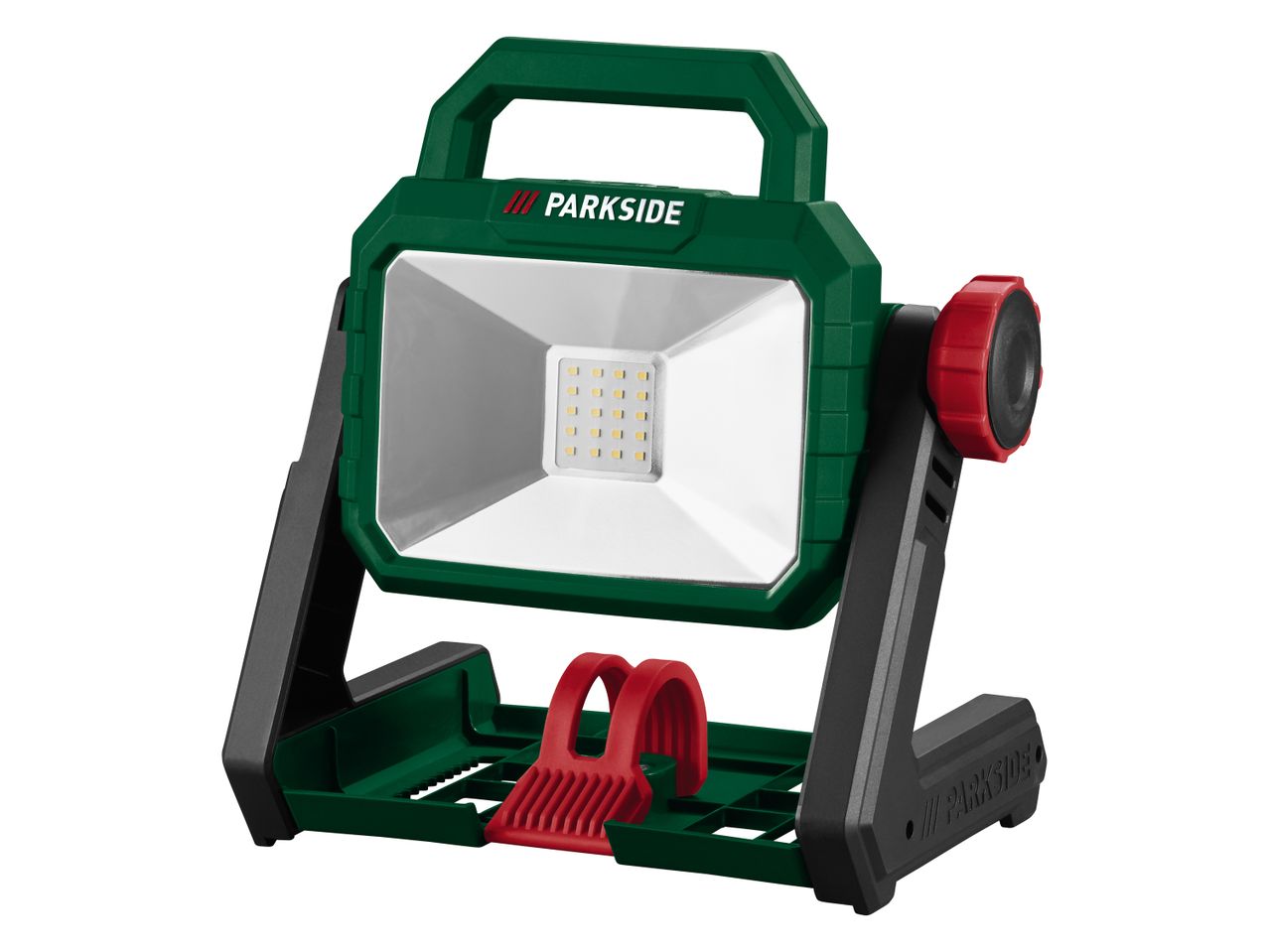Faro da lavoro a LED Parkside verde e nero con maniglia e base rossa.