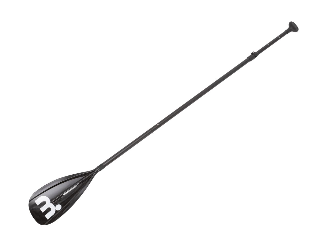 Ein schwarzes SUP-Paddel mit weißem 'm.'-Logo.