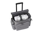 A gray sewing machine trolley bag with a white sewing machine inside.