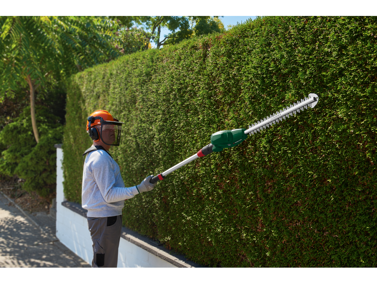 Man in protective gear trimming a hedge with a long-reach hedge trimmer.