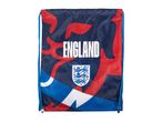 Blue drawstring bag with red and white patterns, England text, and a crest.