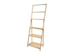 Bamboo ladder shelf with three slatted shelves and two top rungs for hanging items.