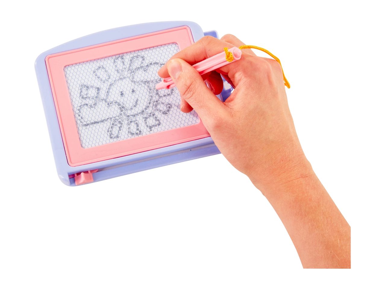 Hand drawing a sun on a pink and purple magnetic drawing board.