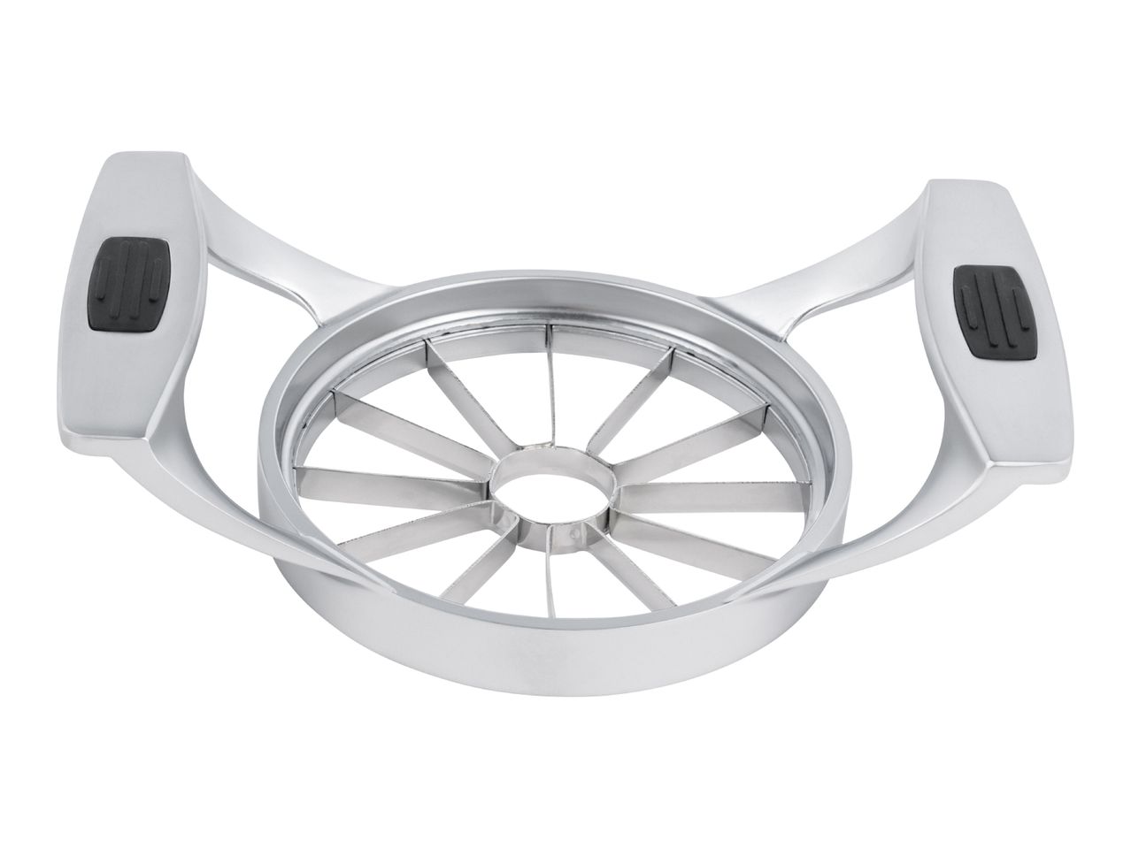A stainless steel apple slicer with two comfortable handles.
