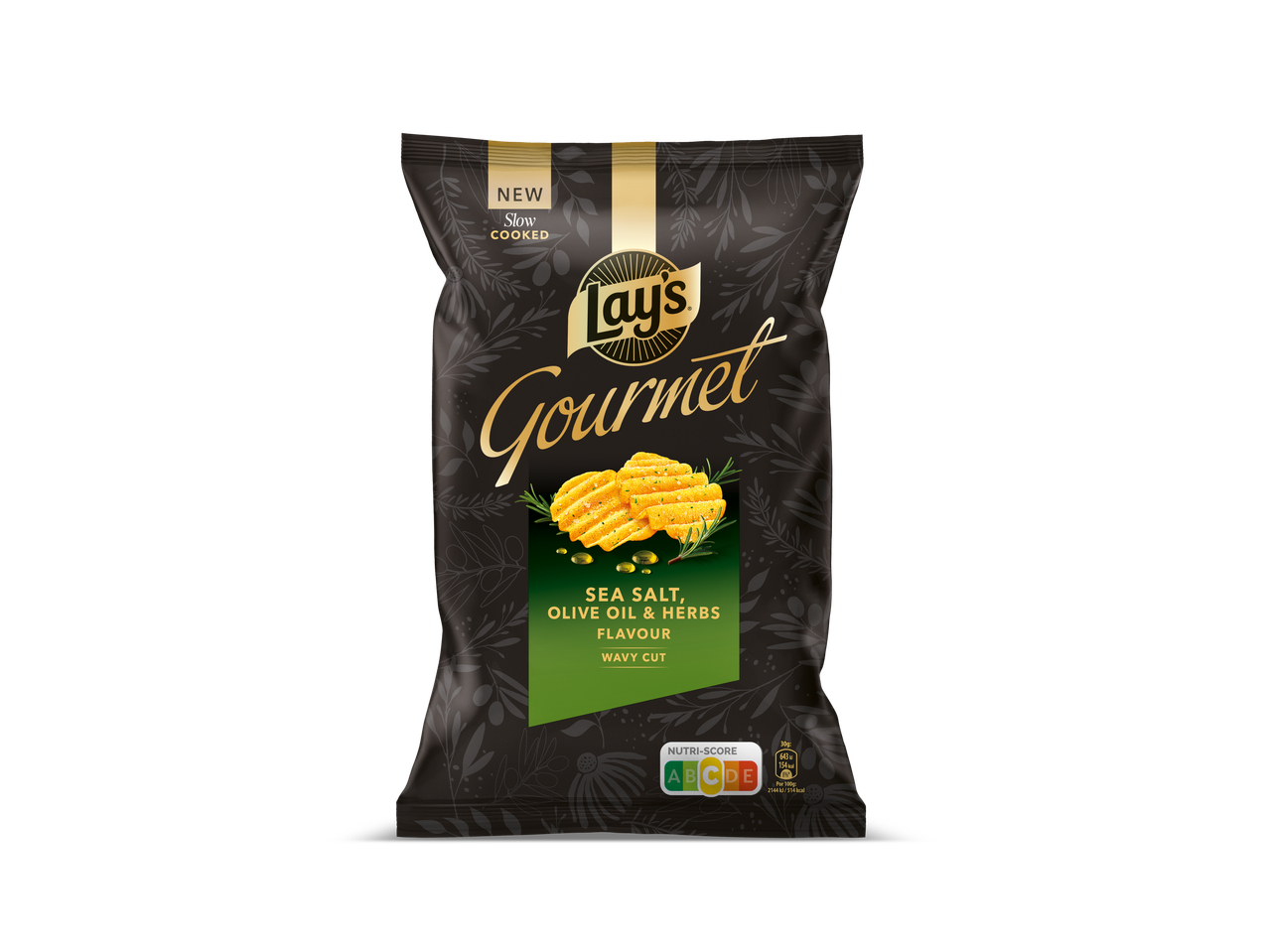 Verpakking van Lay's Gourmet Zeezout, Olijfolie & Kruiden Wavy Cut chips.