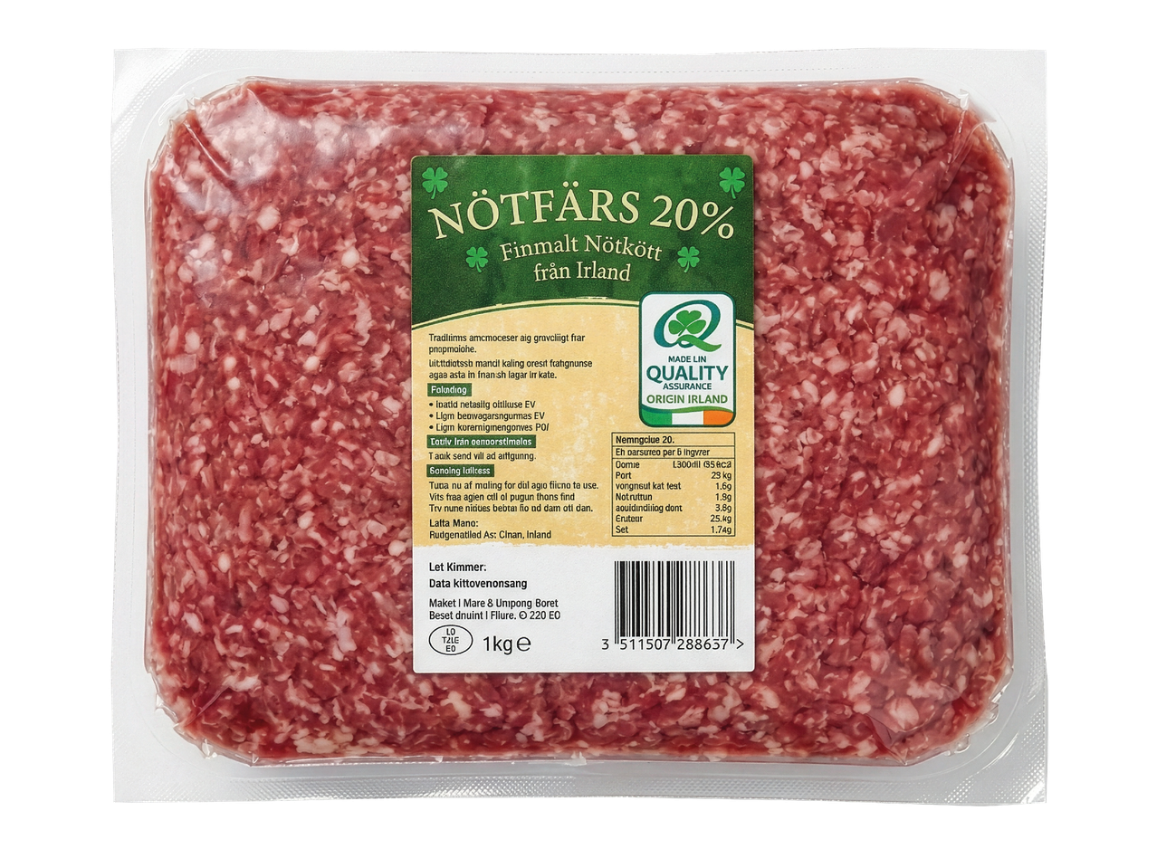 Förpackning med 1 kg nötfärs 20% från Irland, med grön etikett och näringsinformation.