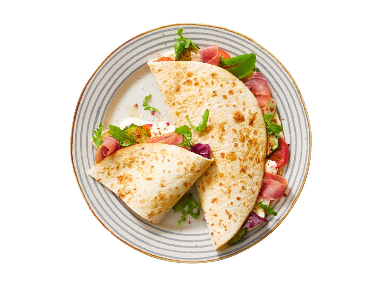 Piadina's met prosciutto, mozzarella en groenten.