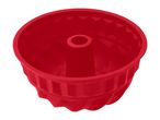 Red silicone bundt cake mold with a fluted design.
