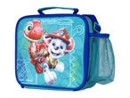 Children's lunch bag with a red dinosaur and a white dog character on a blue background.