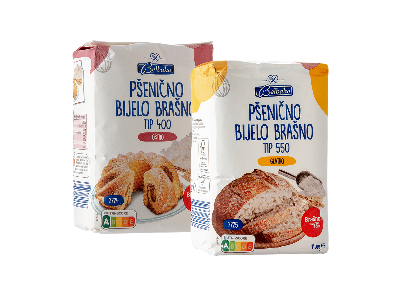 Dva pakiranja Belbake pšeničnog bijelog brašna, tip 400 oštro i tip 550 glatko.