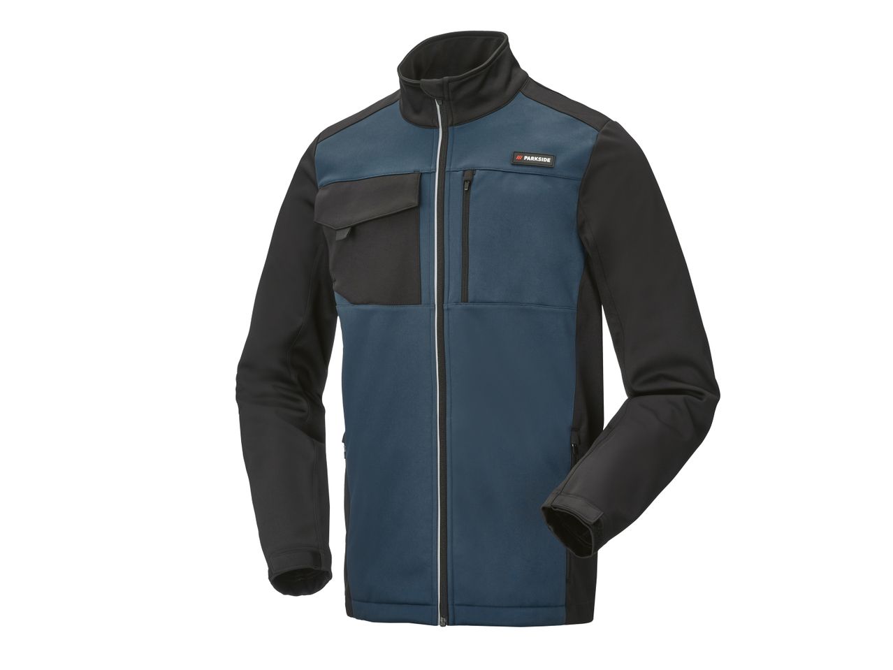 Giacca softshell da uomo blu e nera con cerniera e tasche.
