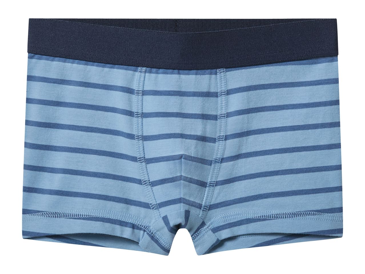Men's striped boxer briefs in light blue with dark blue stripes and waistband.