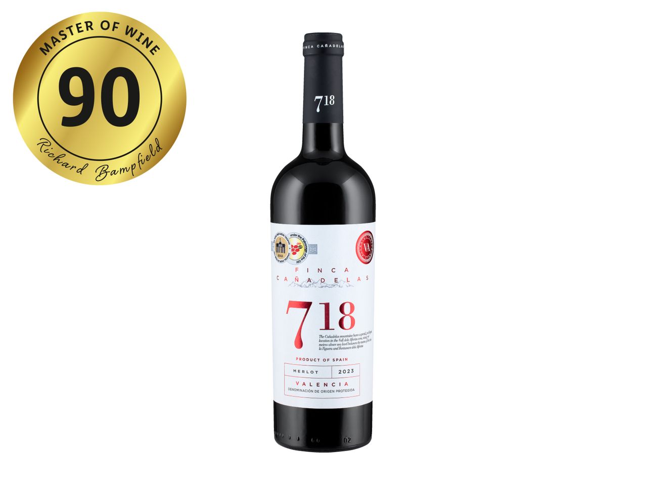 Red wine bottle with a gold 90-point Master of Wine rating by Richard Bampfield.