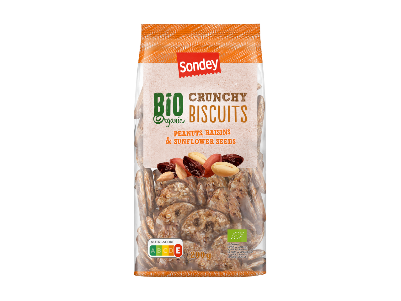 Sondey BIO Organic knapperige koekjes met pinda's, rozijnen en zonnebloempitten, 200g.