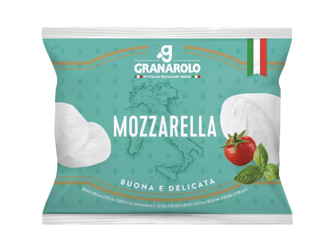 Granarolo Mozzarella pakuotė su sūriu, pomidoru ir baziliku.
