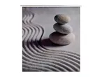 Shower curtain with a zen garden design featuring stacked stones and raked sand.