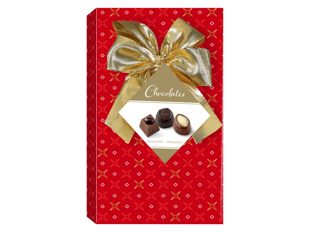 Favorina šokolādes konfekšu kaste ar zelta lenti un trim pralinē.