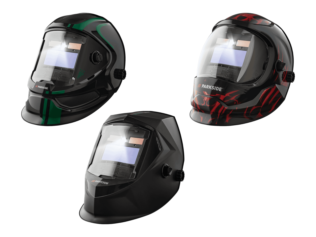 Kolme Parkside-hitsauskypärää: yksi vihreillä raidoilla, yksi punaisilla liekeillä ja yksi yksivärinen musta.