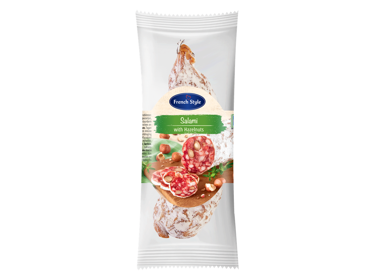 French Style salami met hazelnoten in verpakking.