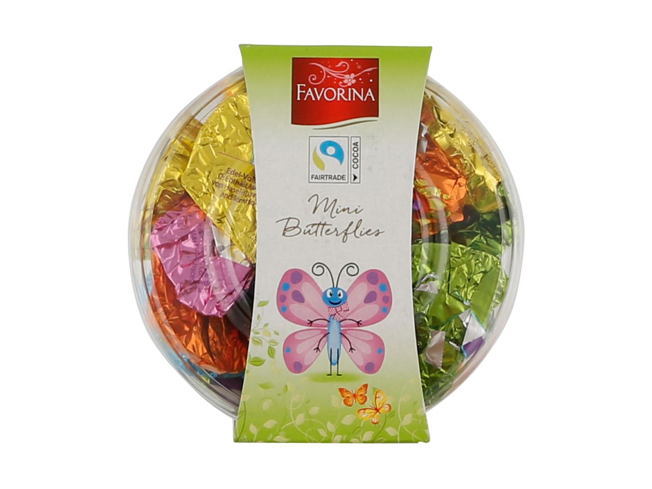 A clear container of colorful foil-wrapped chocolates with a green label featuring a butterfly and 'Mini Butterflies' text.