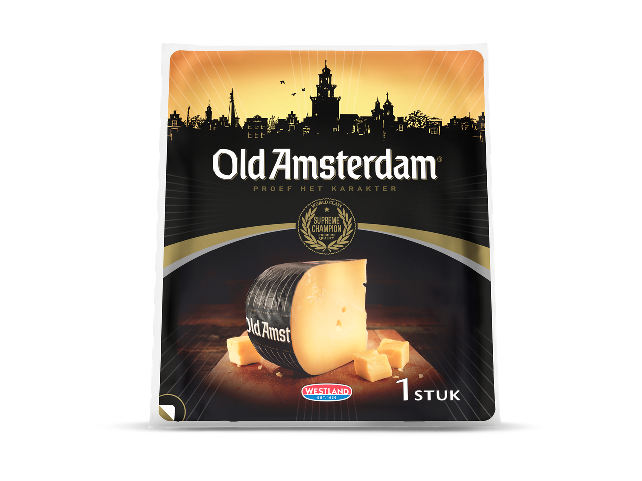 Verpakking van kaas met een stadsgezicht en de tekst 'Old Amsterdam Proef het karakter'.