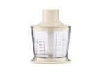A clear plastic food chopper attachment with a cream-colored top and measurement markings.