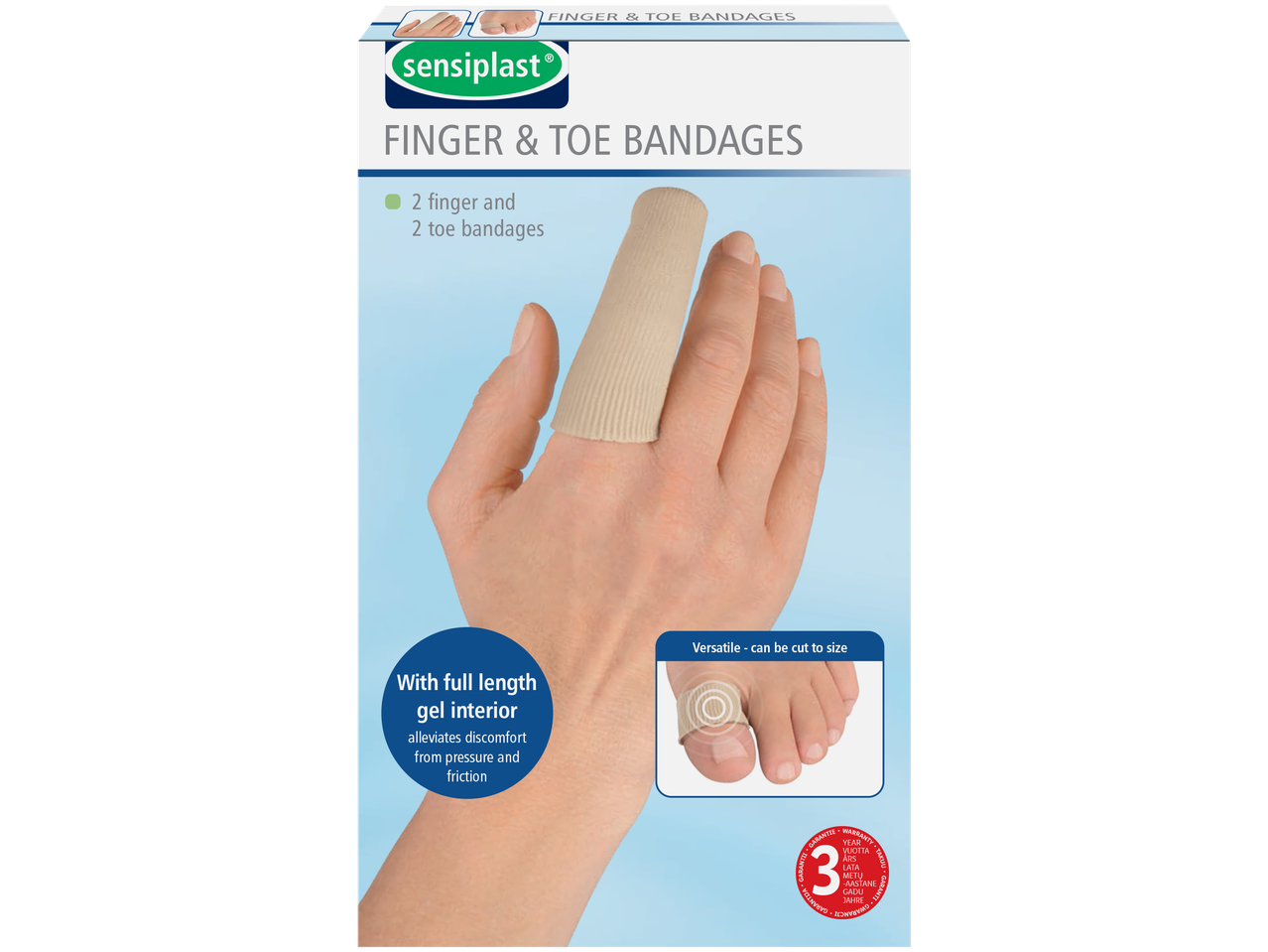 Sensiplast pirštų ir kojų pirštų tvarsčiai su gelio vidumi, parodyti ant rankos ir pėdos.