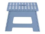 Blue foldable step stool with white anti-slip dots on the top surface.