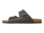Dark brown leather Birkenstock-style sandals with cork soles.