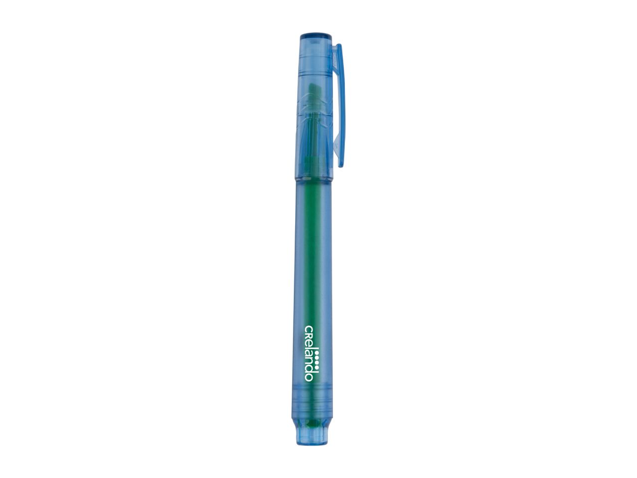 A blue and green highlighter pen with a clip, standing upright.