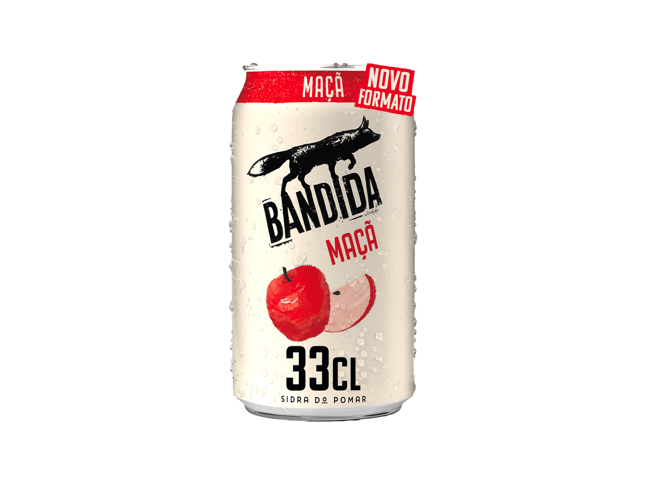 Lata de sidra de maçã com um lobo, maçãs e a indicação 'NOVO FORMATO'.