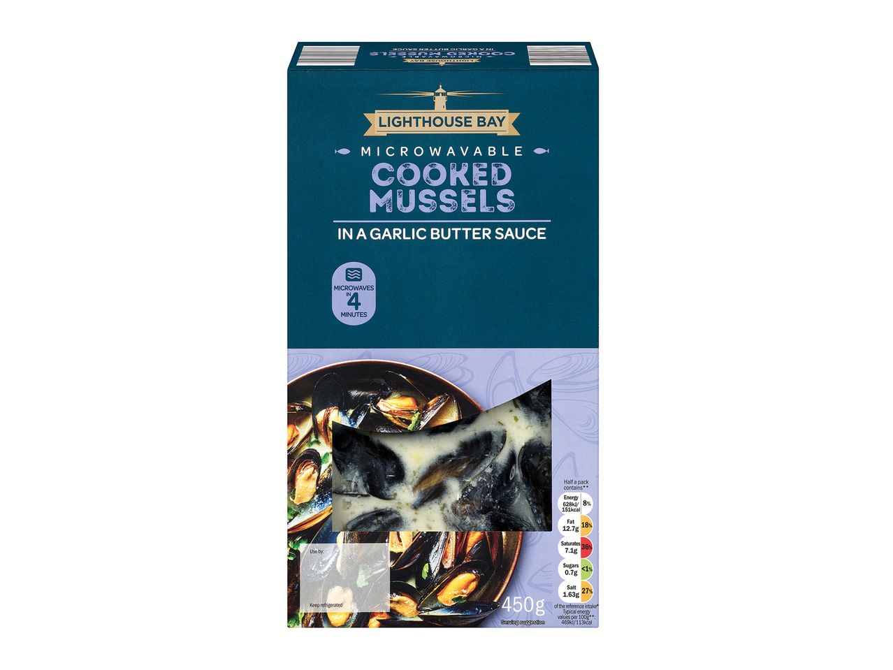 Lighthouse Bay: Cooked mussels in garlic butter sauce, microwaveable.