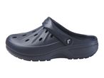 Dark blue clogs with ventilation holes and a textured sole, viewed from the side.