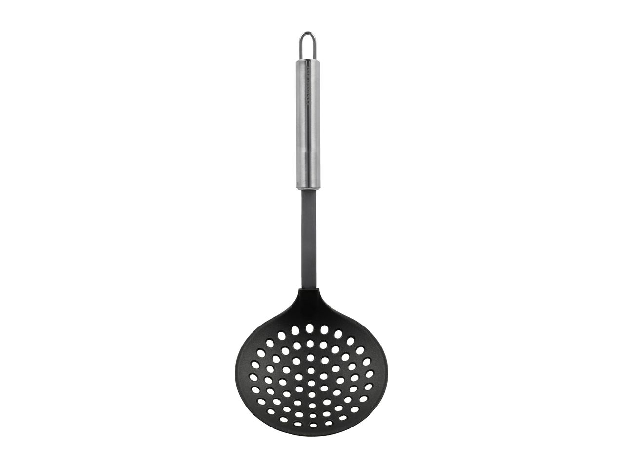 Black skimmer spoon with a stainless steel handle