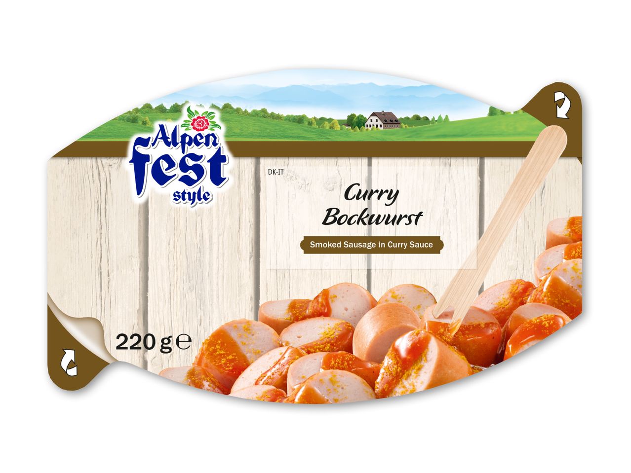 Curry Bockwurst: røget pølse i karrysauce, 220g, med alpetema.