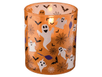 Narancssárga, szellemes és denevéres mintájú halloweeni mécsestartó.