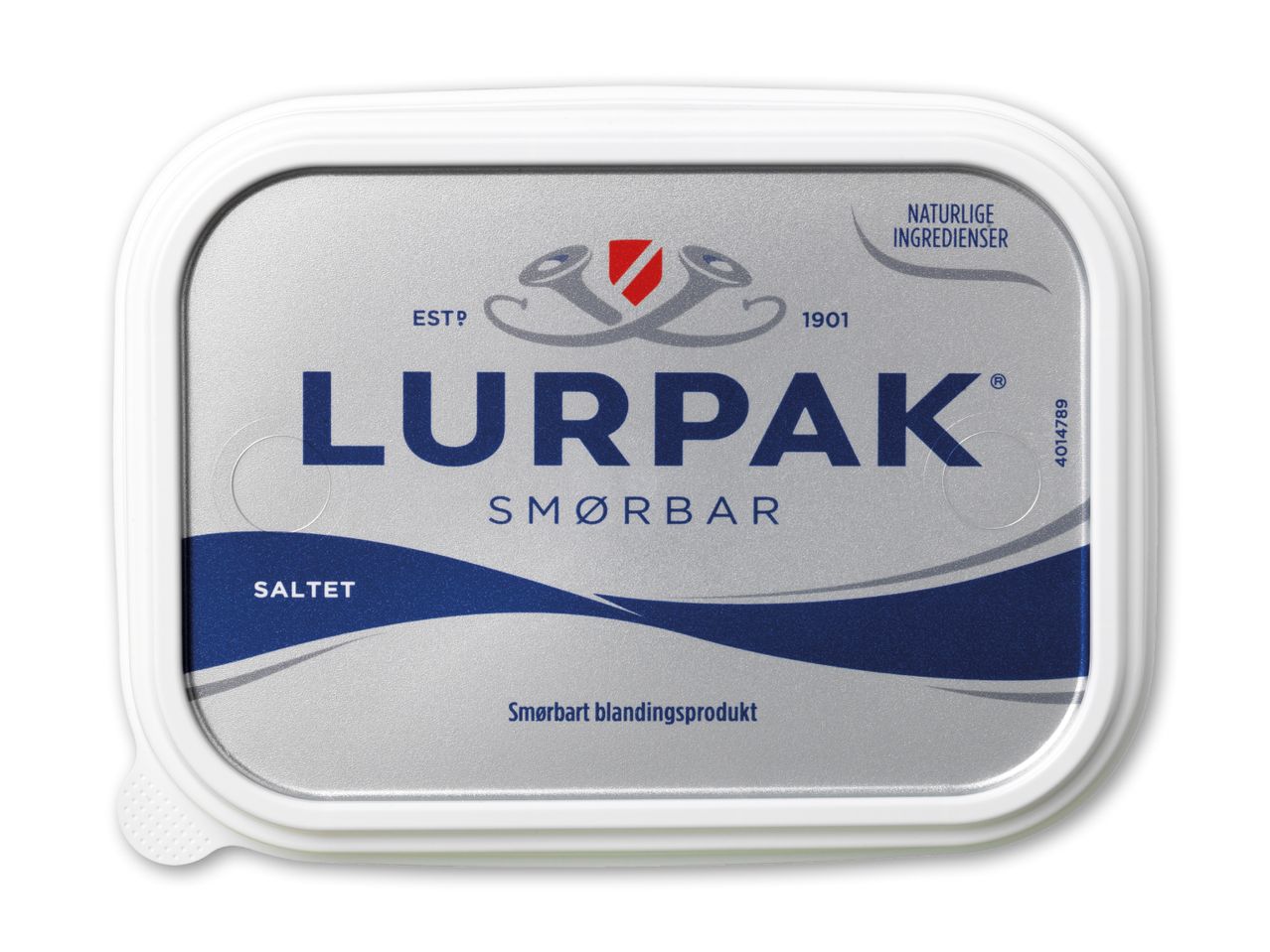 En sølvfarvet smørbar blanding med blå tekst og bølger, der angiver, at den er saltet.