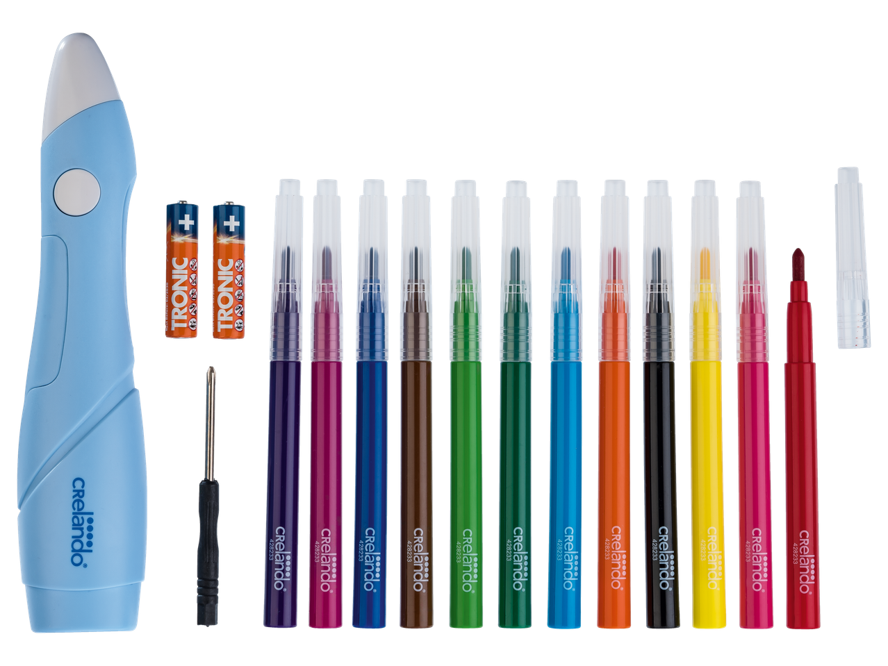 CRELANDO® Airbrush stardikomplekt helesinise airbrush pliiatsi, patareide, kruvikeeraja ja 12 värvilise markeriga.