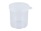 A clear plastic container with a hinged lid.