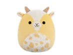 A yellow and white Squishmallows goat plush toy with brown horns and spots.