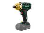 Cordless impact driver with a 2.0Ah battery, featuring green, black, and gold accents.