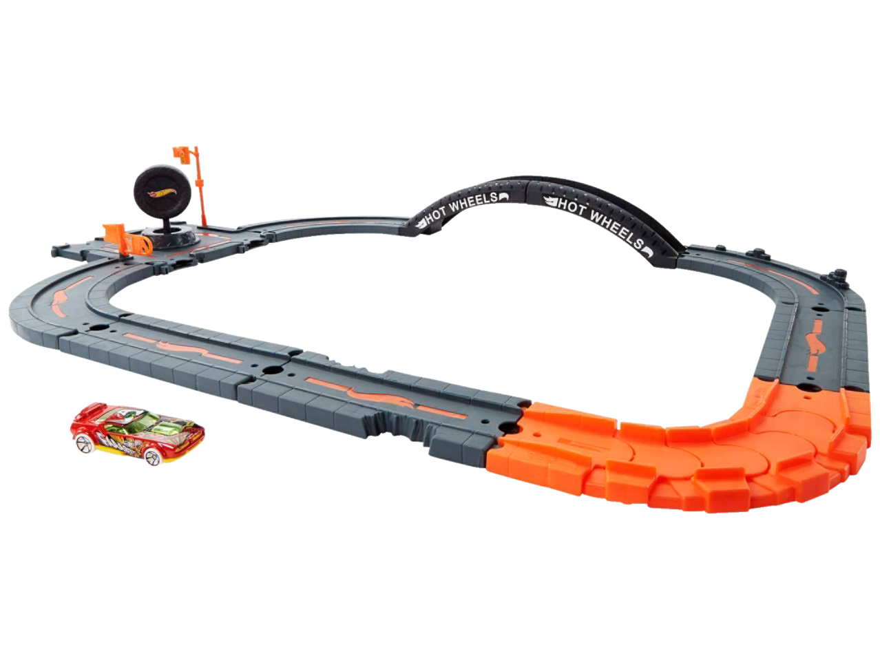 Hot Wheels rajaskomplekt punase autoga ja 'Hot Wheels' tekstiga kaarel.