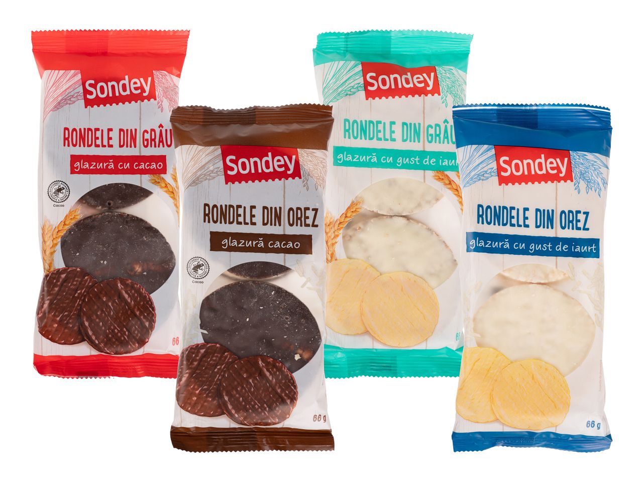 Patru pungi de Sondey Rondele, două cu glazură de cacao și două cu glazură cu gust de iaurt.