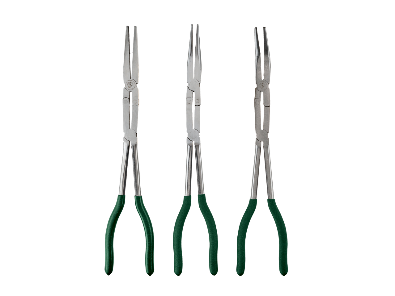 Parkside® replių rinkinys su žaliomis rankenomis juodame fone.