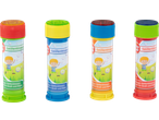 Patru flacoane de baloane de săpun PLAYTIVE cu capace colorate și un copil jucându-se.