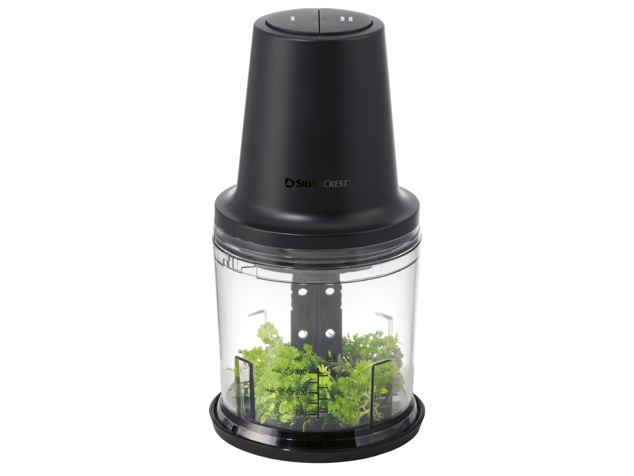 Черен чопър с прозрачна купа, пълна с магданоз.