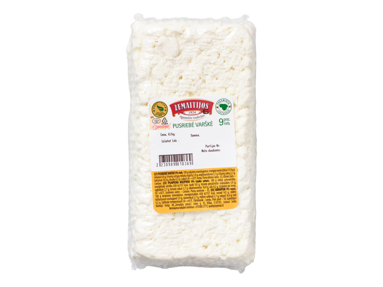 Iepakojums ar Žemaitijos biezpienu, 9% tauku saturs.